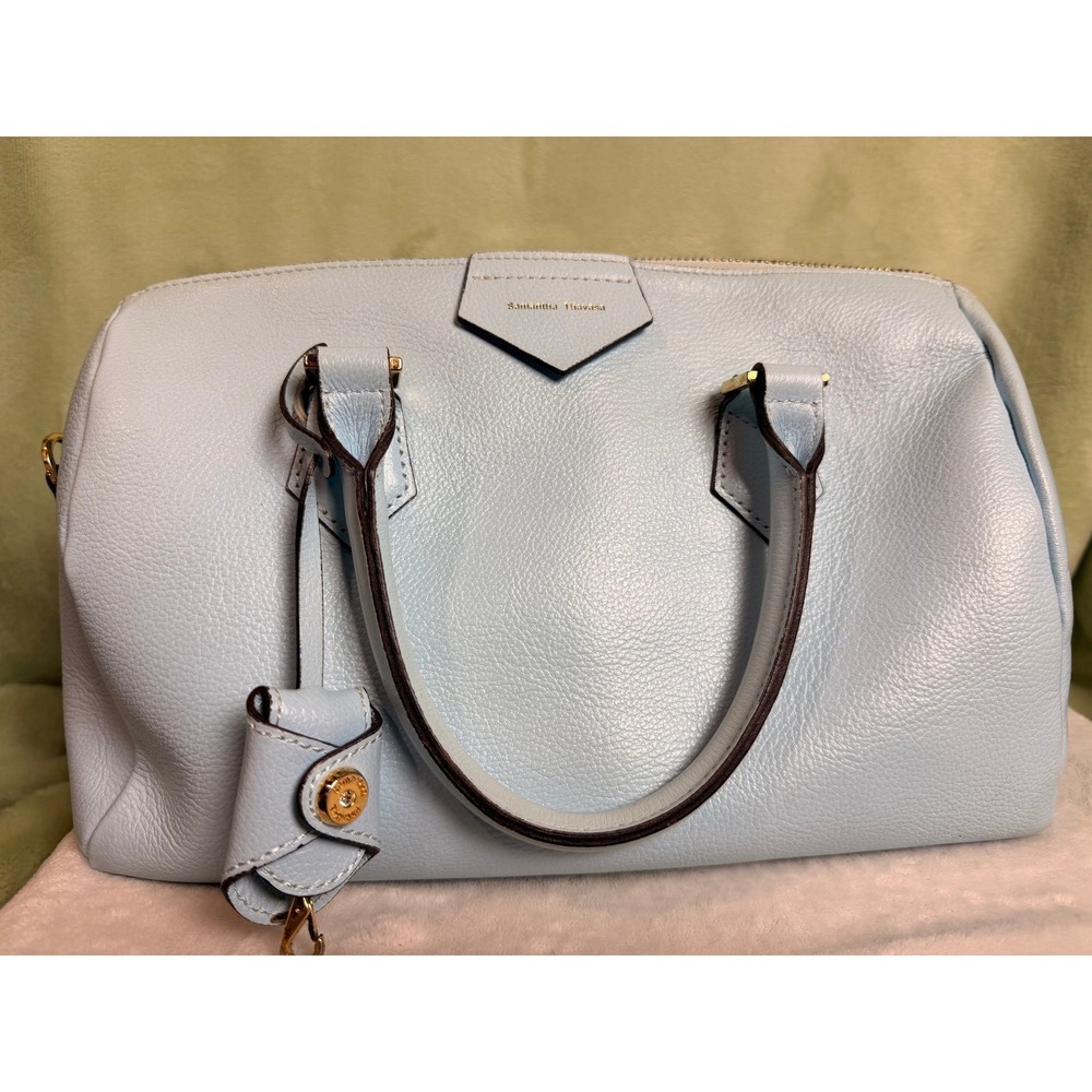 Samantha Thavasa Light Blue Pebbled Leather Satchel Bag with Gold Hardware